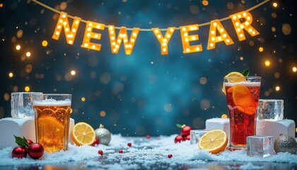 Free copy space in the middle, surrounded with New Year stuff golden banners, festive ice sculptures, shimmering drinks, copy space