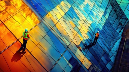 Two workers in hard hats on a colorful glass building facade, reflecting vibrant colors.