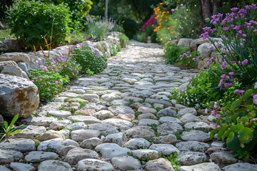 Serene Garden Pathway Adorned with Colorful Flowers and Smooth Pebbles