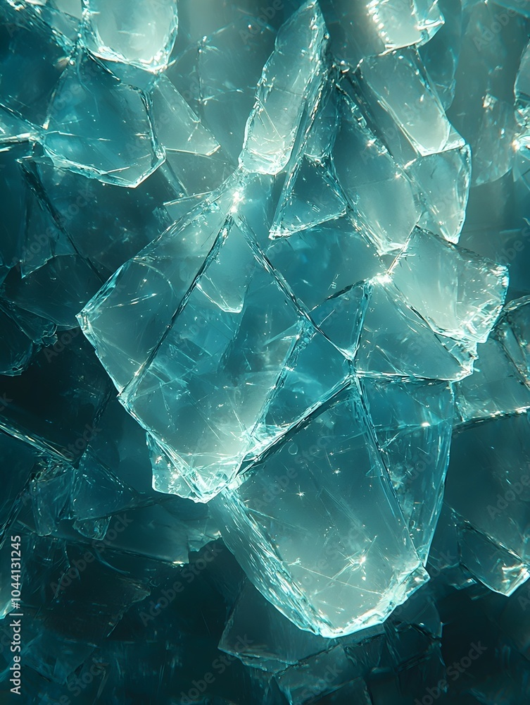 Aufkleber close-up of shimmering turquoise ice shards illuminated by soft light, creating a mesmerizing patter