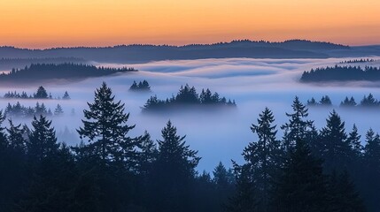 Fototapeta premium Misty Layers Flowing Over Forested Landscape at Dawn