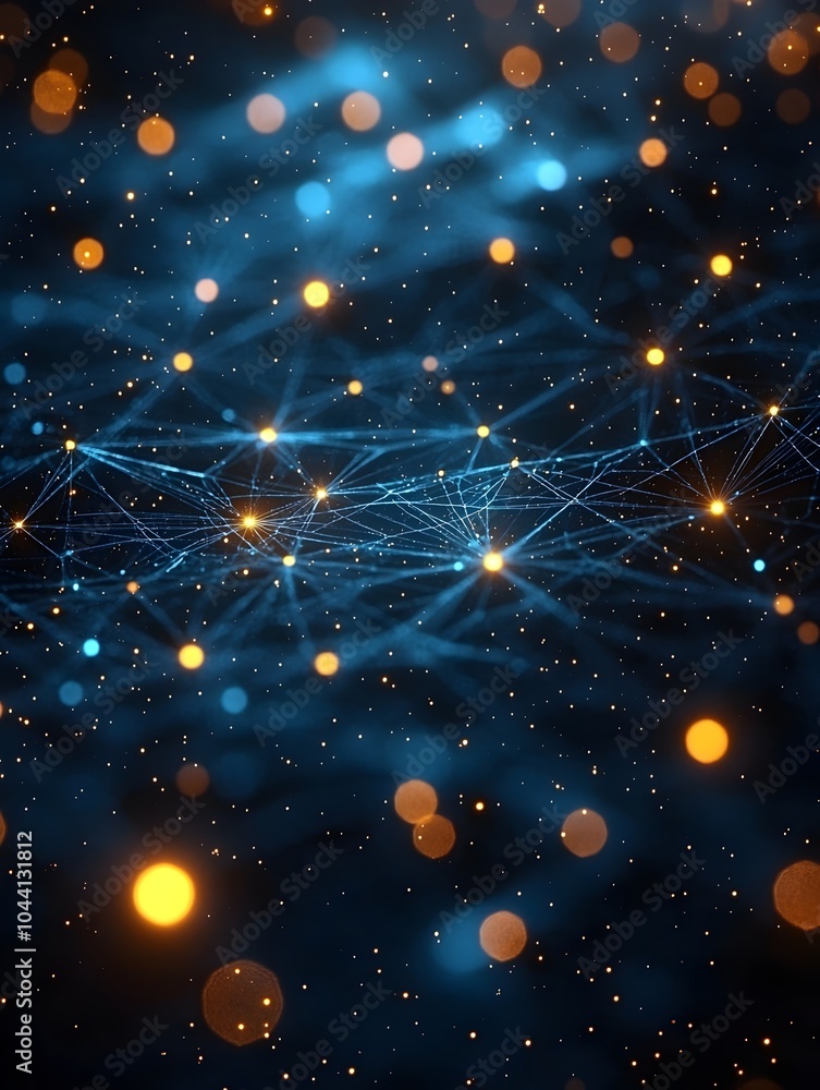 Poster abstract representation of a digital network interconnected with luminous dots, against a deep blue 