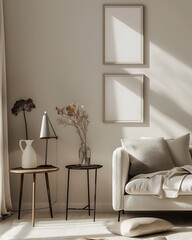 Modern Interior of Stylish Living Room ,Wall Mock Up, Frame , Poster with Beautiful Background, 3d render