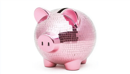 Piggy bank looks like a pink colored disco ball on a white background

