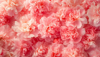 Fototapeta premium Fluffy pink peonies flowers background. A Flurry of Fluffy Pink Peonies in Full Bloom