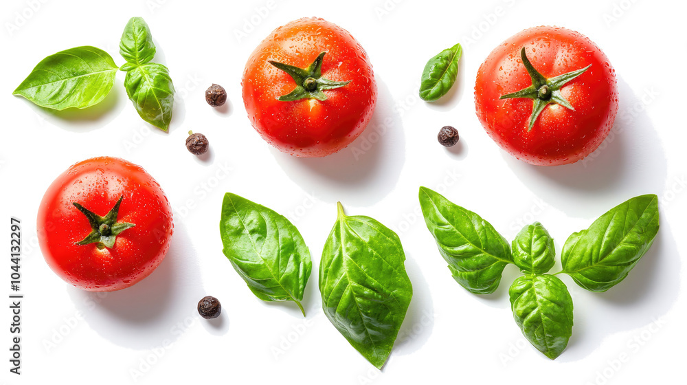 Poster fresh tomatoes and basil leaves arranged on a transparent background generative ai
