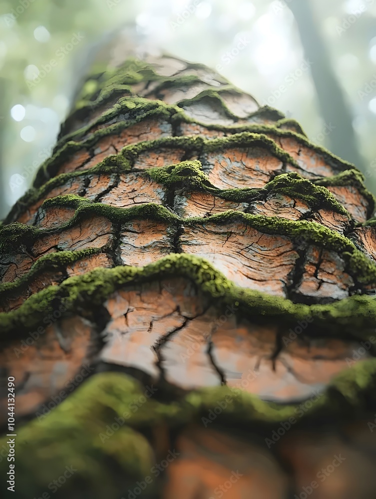 Poster close-up of a moss-covered tree trunk, showcasing intricate textures and patterns, set against a mis