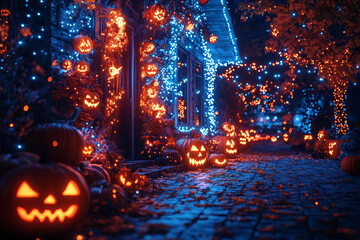 Fototapeta premium A family decorating their home with pumpkins and spooky decorations, preparing for Halloween night. Concept of seasonal celebration.