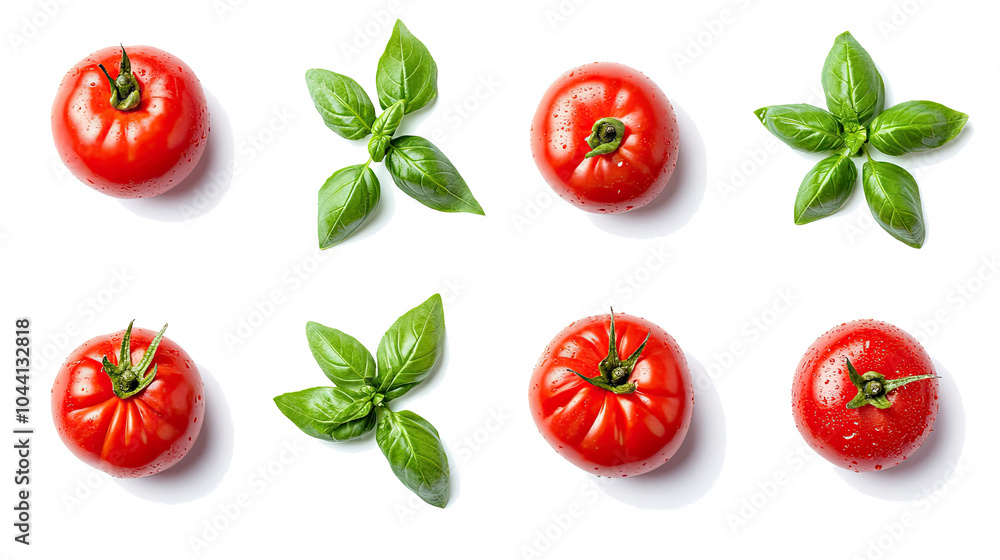 Poster fresh tomatoes and basil leaves arranged on a transparent background generative ai