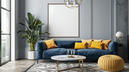 Modern Interior of Stylish Living Room ,Wall Mock Up, Frame , Poster with Beautiful Background, 3d render
