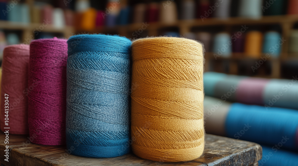 Poster a variety of colorful threads are neatly arranged in a textile workshop, showcasing rich textures an