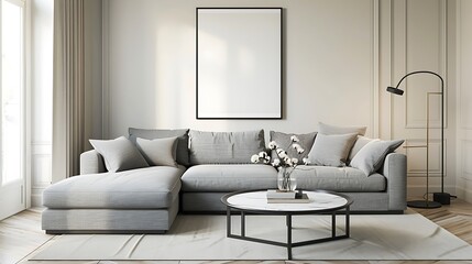 Modern Interior of Stylish Living Room ,Wall Mock Up, Frame , Poster with Beautiful Background, 3d render