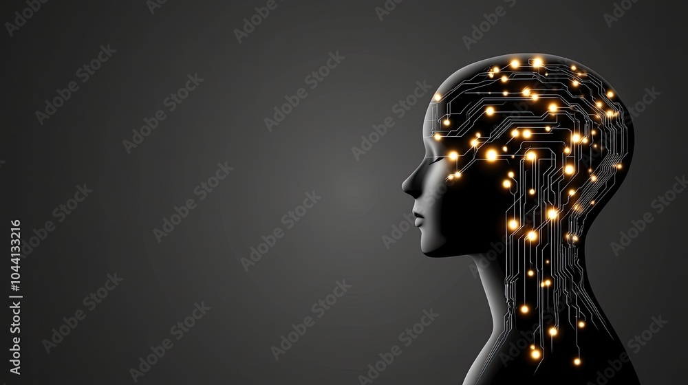 Poster a digital silhouette of an ai head showcases glowing circuit patterns, symbolizing advancements in t