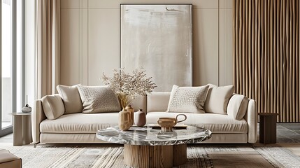 Modern Interior of Stylish Living Room ,Wall Mock Up, Frame , Poster with Beautiful Background, 3d render