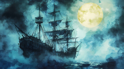 Fototapeta premium Pirate ship, haunted by ghostly crew, full moon above, eerie mist, watercolor style. Space Pirate Crew. Illustration