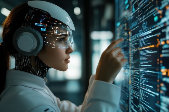 A person using an interactive touchscreen interface, highlighting themes of technological advancement, user interaction, and digital-age proficiency.