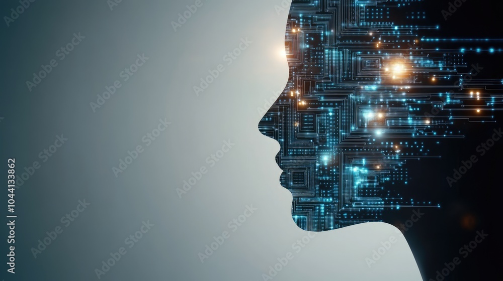 Poster a digital silhouette of an ai head showcases glowing circuit patterns, symbolizing advancements in t