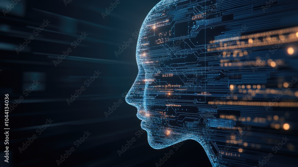 Poster a digital silhouette of an ai head showcases glowing circuit patterns, symbolizing advancements in t