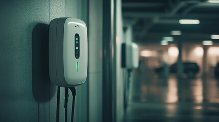 An electric vehicle charger mounted on the wall is ready for use in a dimly lit underground parking area. Generative AI