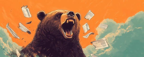 An abstract bear roaring in a storm, with torn financial documents swirling in the wind