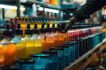 Vibrant Array of Ink Bottles in a Creative Studio