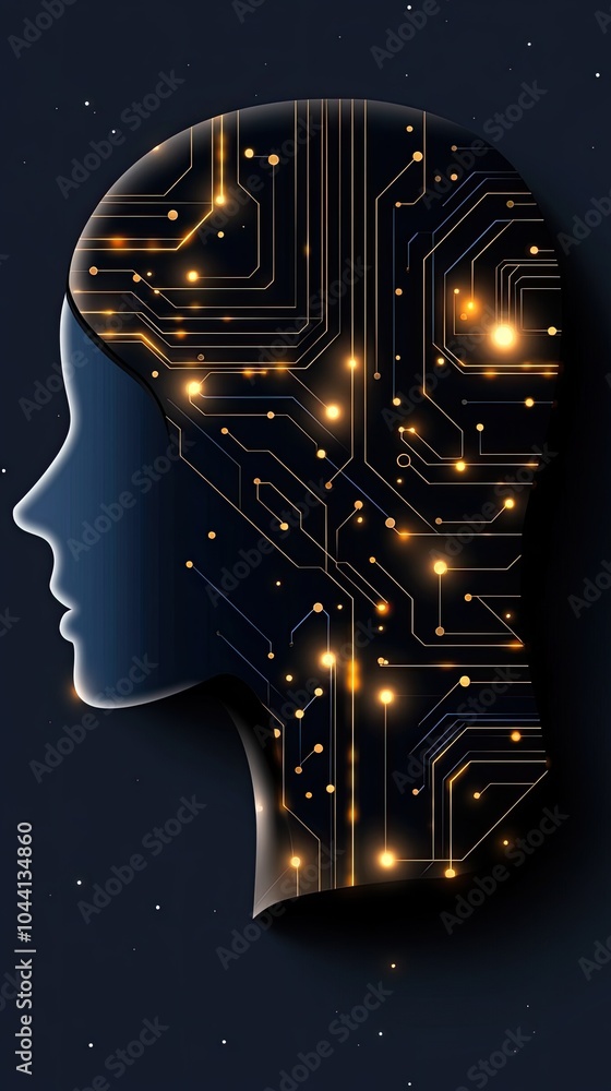 Poster a digital silhouette of an ai head showcases glowing circuit patterns, symbolizing advancements in t