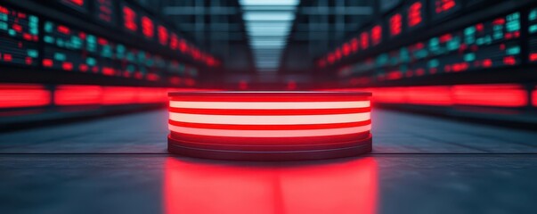 Glowing red warning signals on the floor of a dark stock exchange, abandoned by traders