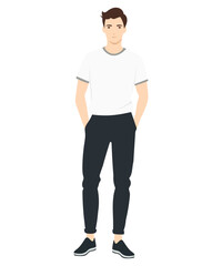 Vector illustration on a white background. A man in a white t-shirt and black pants. Minimalist style.