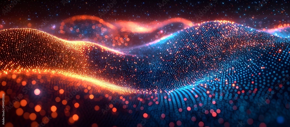 Poster an abstract composition of glowing waves, featuring vibrant blue and orange particles creating a mes