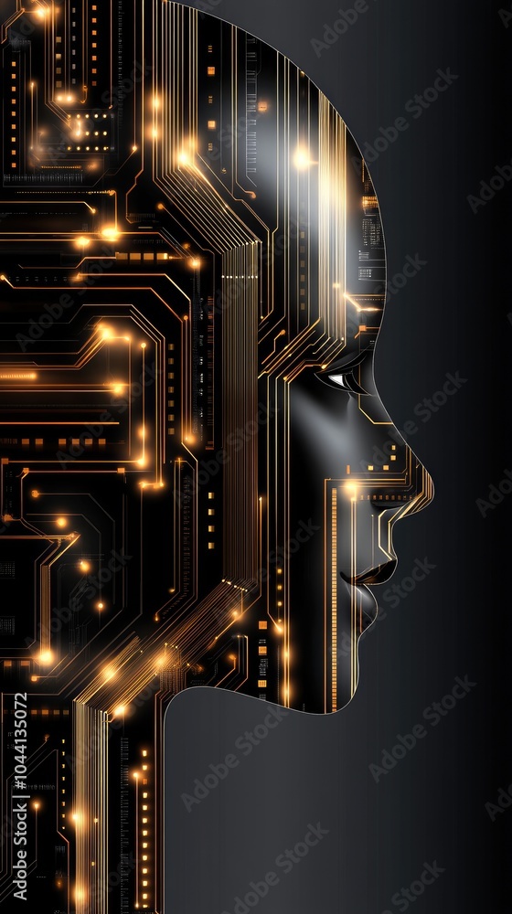 Poster a digital silhouette of an ai head showcases glowing circuit patterns, symbolizing advancements in t