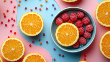 A vibrant display of fresh oranges and raspberries in a blue bowl, scattered on a pink and blue surface, enhanced by colorful candies