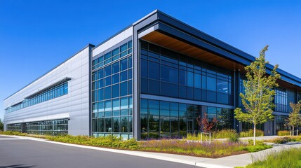 Obraz premium Modern commercial building with large glass windows and landscaped surroundings.