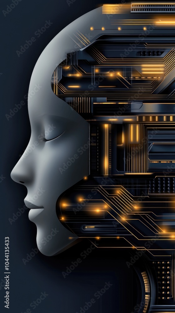 Poster a digital silhouette of an ai head showcases glowing circuit patterns, symbolizing advancements in t