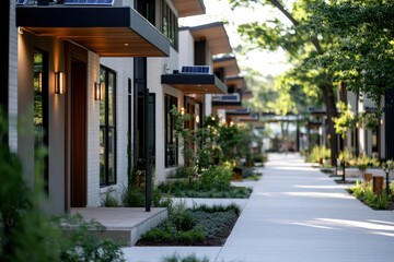 Obraz premium A row of stylish contemporary homes featuring solar panels and surrounded by lush greenery, symbolizing innovation and a commitment to sustainable living practices.