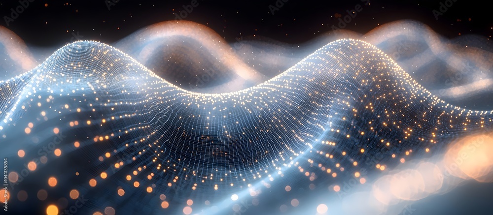 Poster a mesmerizing abstract representation of waves formed by glowing particles, showcasing a blend of co