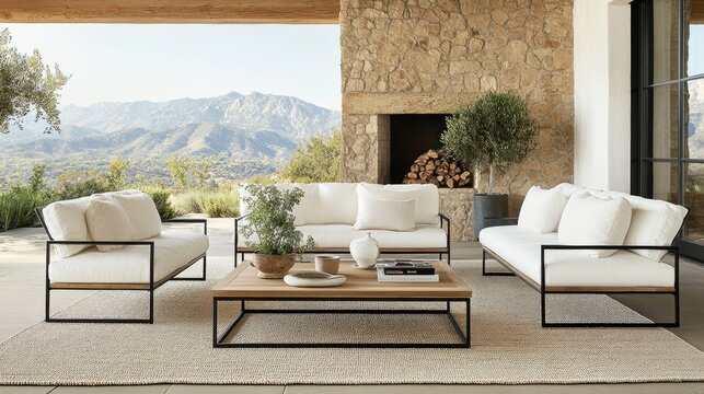 Chairs with cream cushions surround a dark wood table on beige carpet, inviting relaxation under soft natural light and greenery