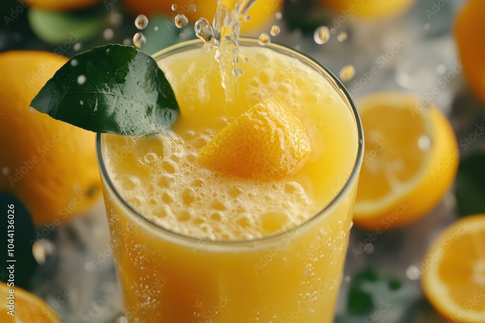 Poster a glass of fresh orange juice is being prepared, featuring splashes of juice and accompanied by whol