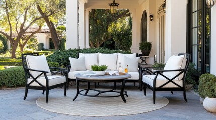 Obraz premium Chairs with cream cushions surround a dark wood table on beige carpet, inviting relaxation under soft natural light and greenery