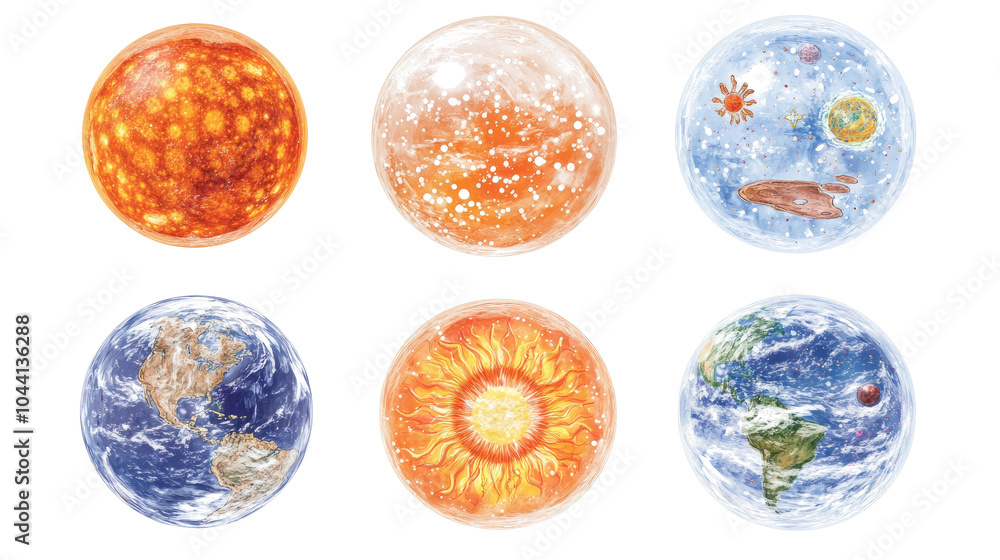Poster set of transparent oceans and suns displayed on a clean background generative ai