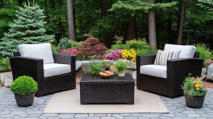 Chairs with cream cushions surround a dark wood table on beige carpet, inviting relaxation under soft natural light and greenery