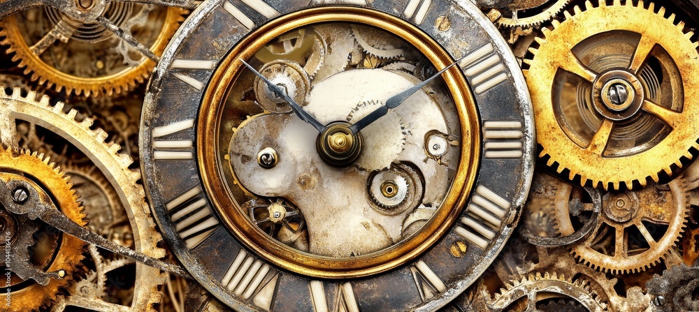 Aufkleber close-up of internal clock mechanism with gears and cogs, revealing intricate timekeeping