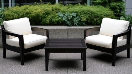 Chairs with cream cushions surround a dark wood table on beige carpet, inviting relaxation under soft natural light and greenery