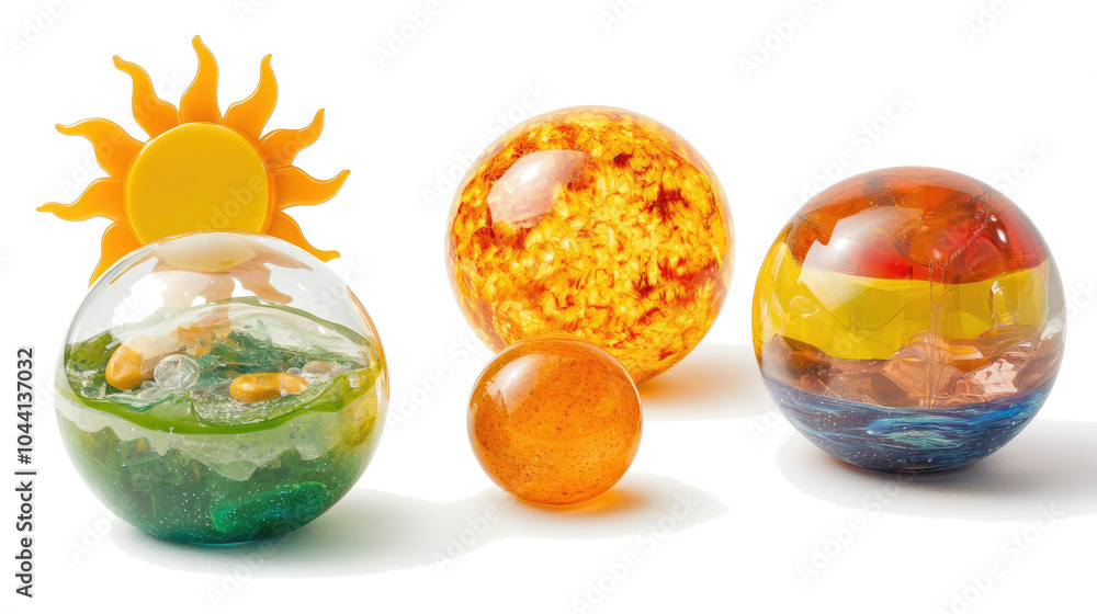 Poster colorful collection of transparent oceans and suns on a clear surface generative ai