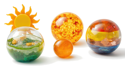 Colorful Collection of Transparent Oceans and Suns on a Clear Surface Generative AI