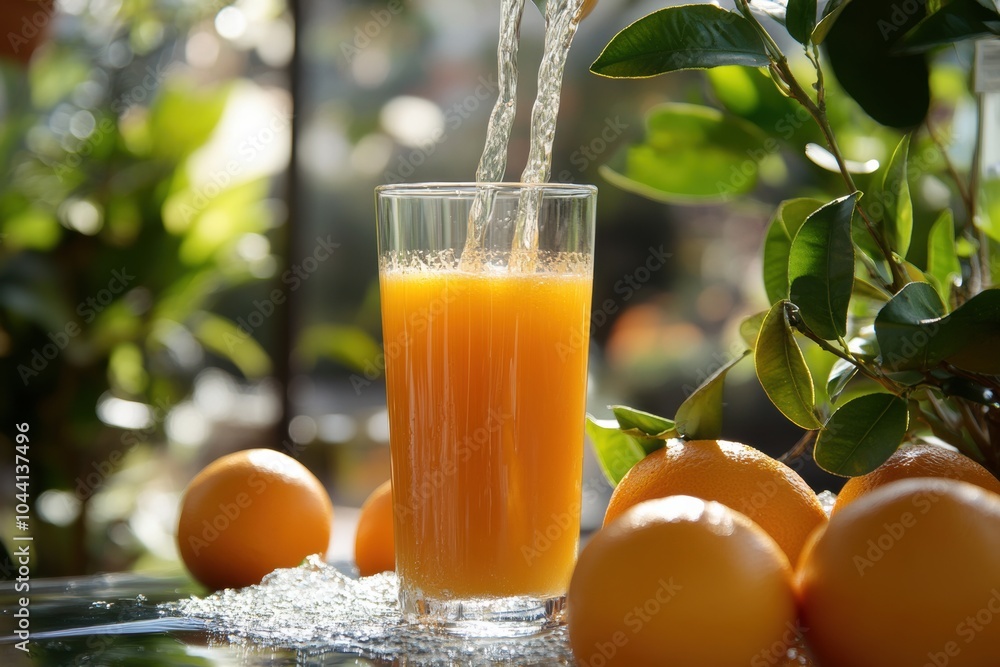 Poster a refreshing glass of freshly squeezed orange juice is being poured while surrounded by bright orang