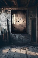 Obraz premium A gothic-themed interior featuring an elegant frame displaying flying bats against a misty backdrop, enhancing the eerie atmosphere of the abandoned room.