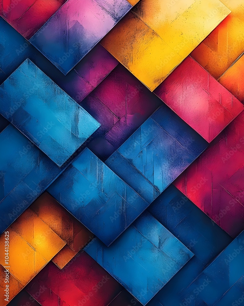 Poster abstract geometric pattern in vibrant shades of blue, pink, and yellow, creating a dynamic visual ex