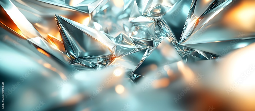 Poster a stunning abstract composition of metallic silver and orange hues, showcasing sharp, triangular for