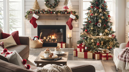 A cozy living room decorated for Christmas. The tree is filled with gold and red decorations, twinkling lights.