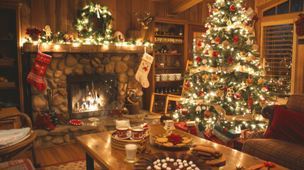 A cozy living room decorated for Christmas. The tree is filled with gold and red decorations, twinkling lights.